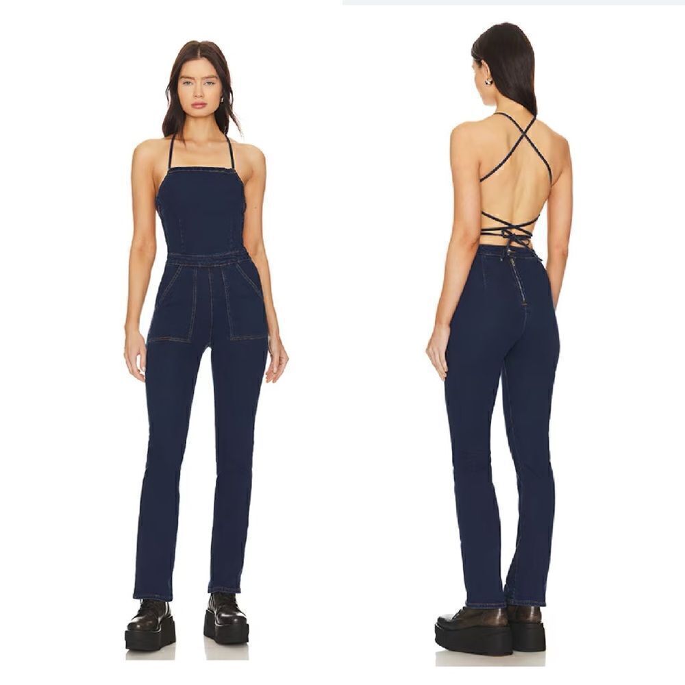 Superdown Macey Denim Jumpsuit dark blue strappy backless one piece Revolve